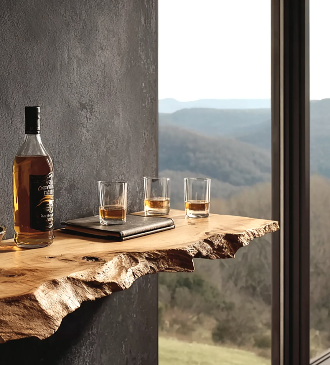 Handgefertigtes Live Edge Barregal – rustikale schwebende Massivholz-Bar