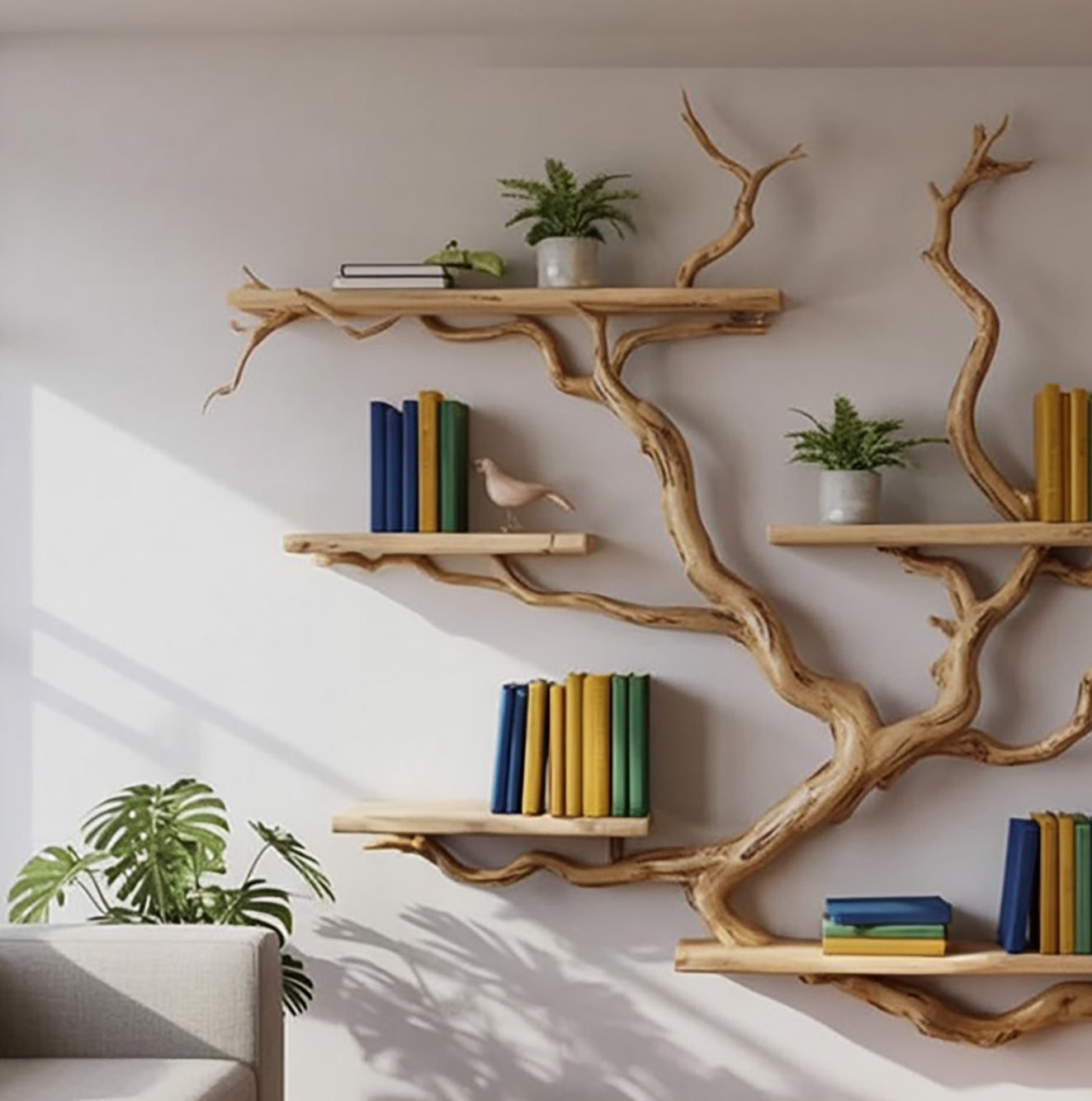 Handgefertigtes Baum-Wandbücherregal – Skulpturales Holzdesign