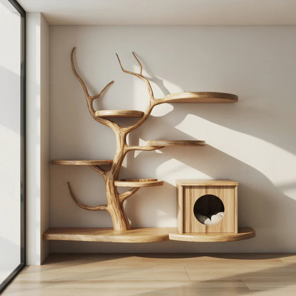 Mid-Century-Kratzbaum-Turm aus Holz – Stilvolle Katzen-Kletter-Möbel