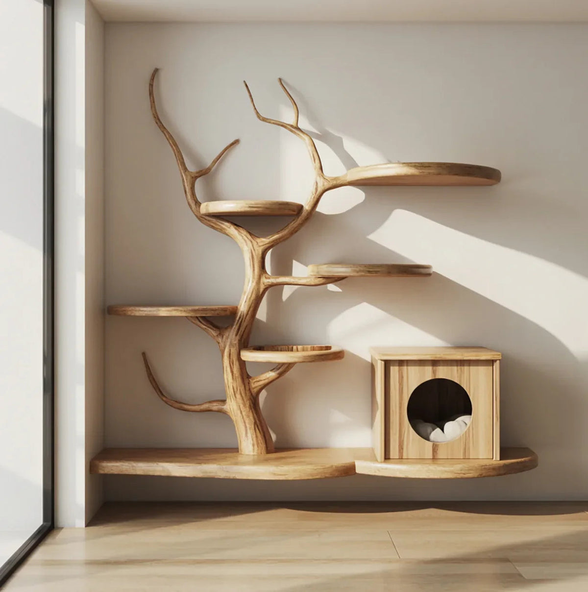 Mid-Century-Kratzbaum-Turm aus Holz – Stilvolle Katzen-Kletter-Möbel