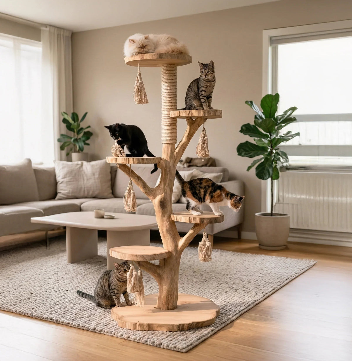 Größenratgeber für Naturholz-Katzenturm mit Maßen für verschiedene Katzenrassen