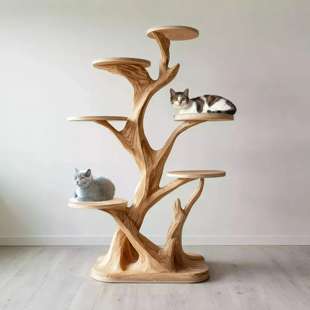 Mid-Century-Kratzbaum-Turm aus Holz – Stilvolle Katzenmöbel fürs Wohnzimmer