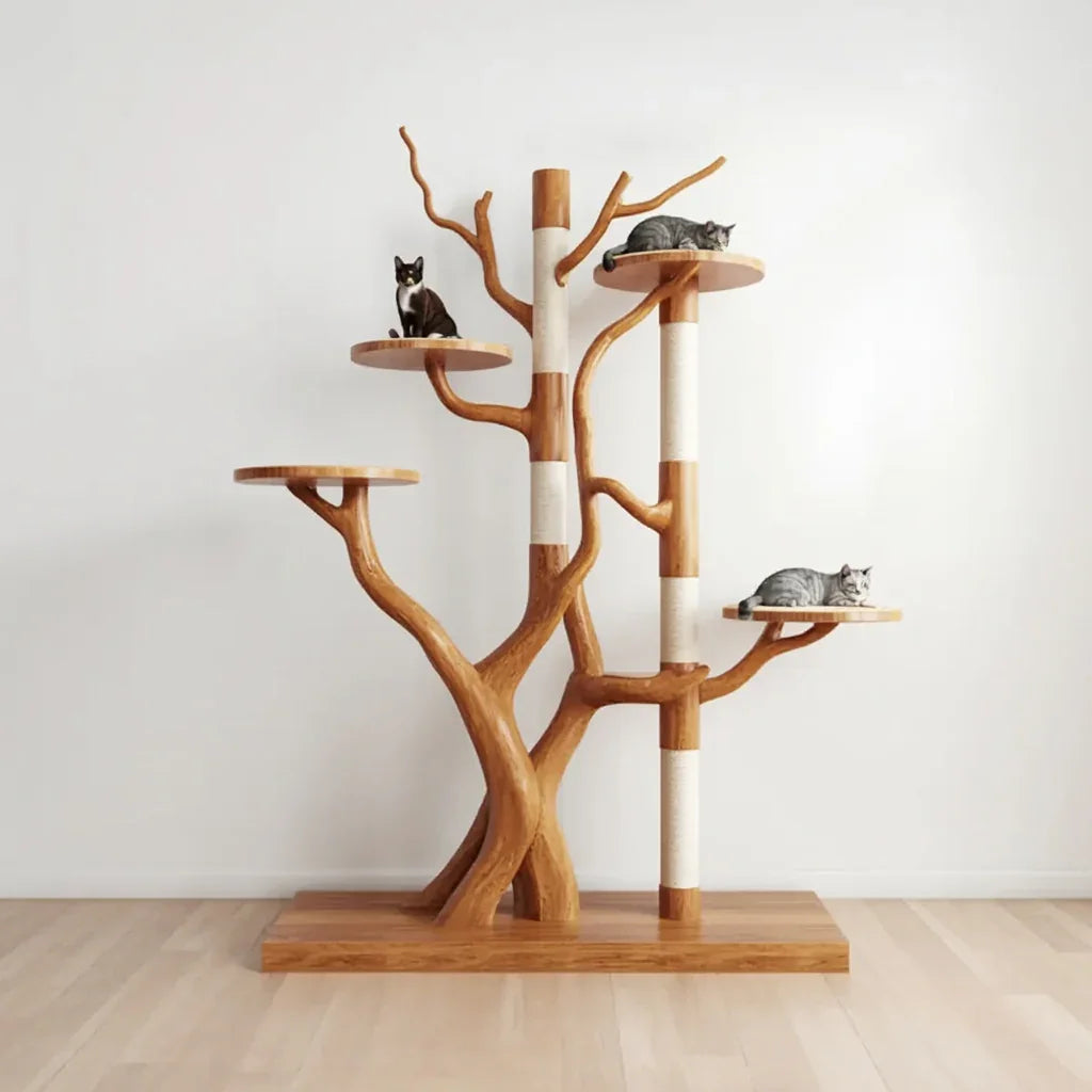 Rustikaler Baum-Katzenturm – Katzenmöbel aus Naturholz fürs Wohnzimmer