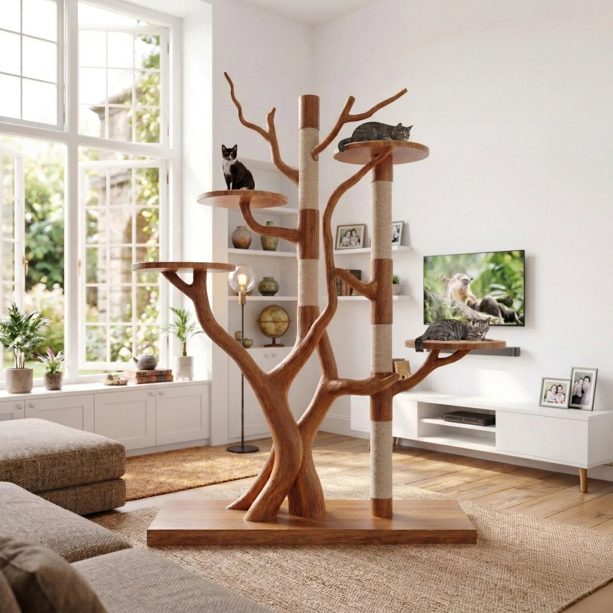 Rustikaler Baum-Katzenturm – Katzenmöbel aus Naturholz fürs Wohnzimmer