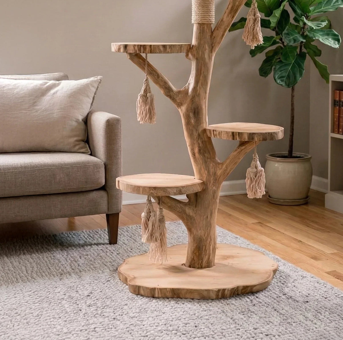 Handgemachter Katzen-Kletterturm aus Holz in massivem Hartholz