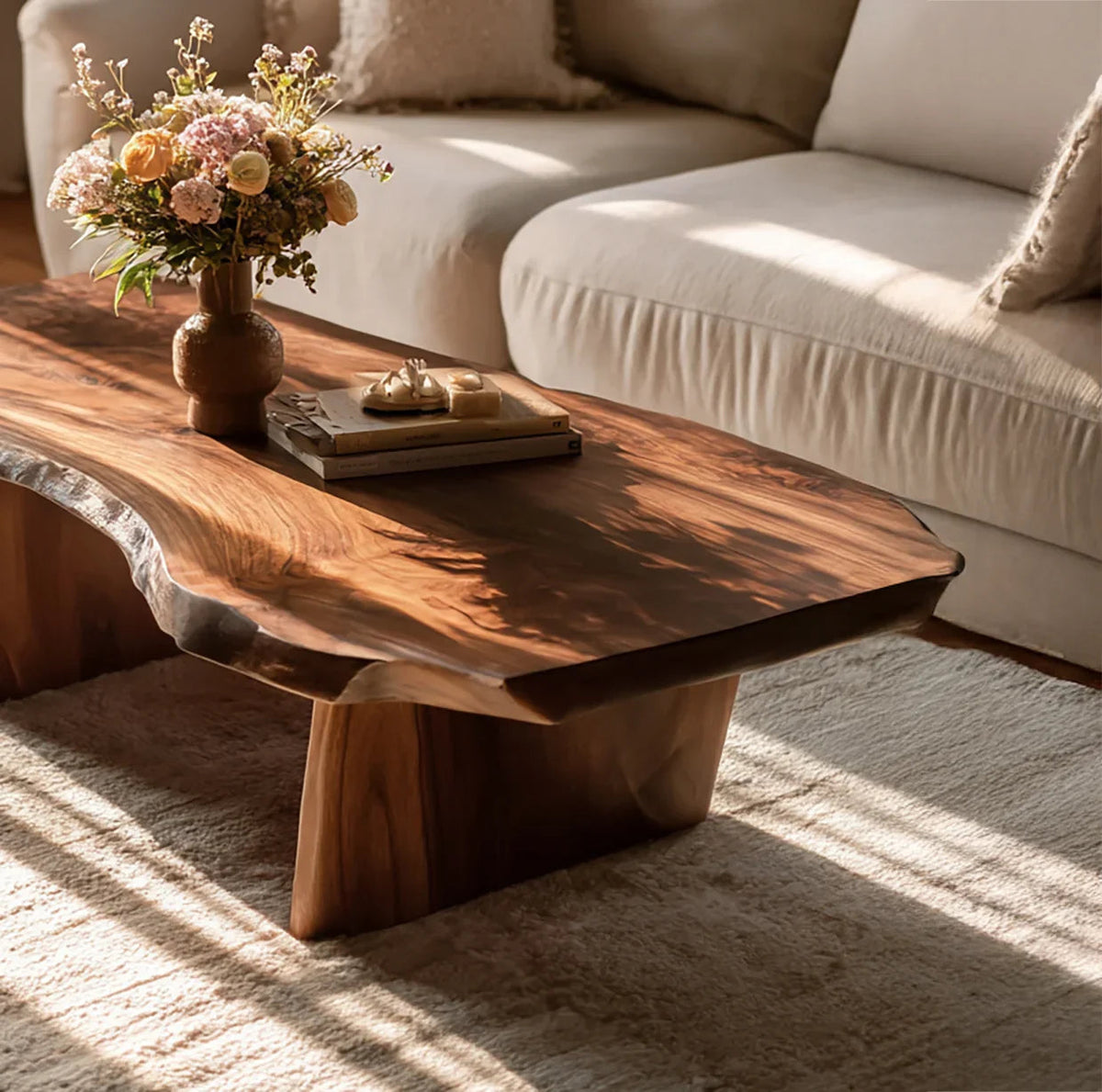 Rustikaler handgemachter Couchtisch aus Massivholz im Wohnzimmer mit Detail der natürlichen Maserung
