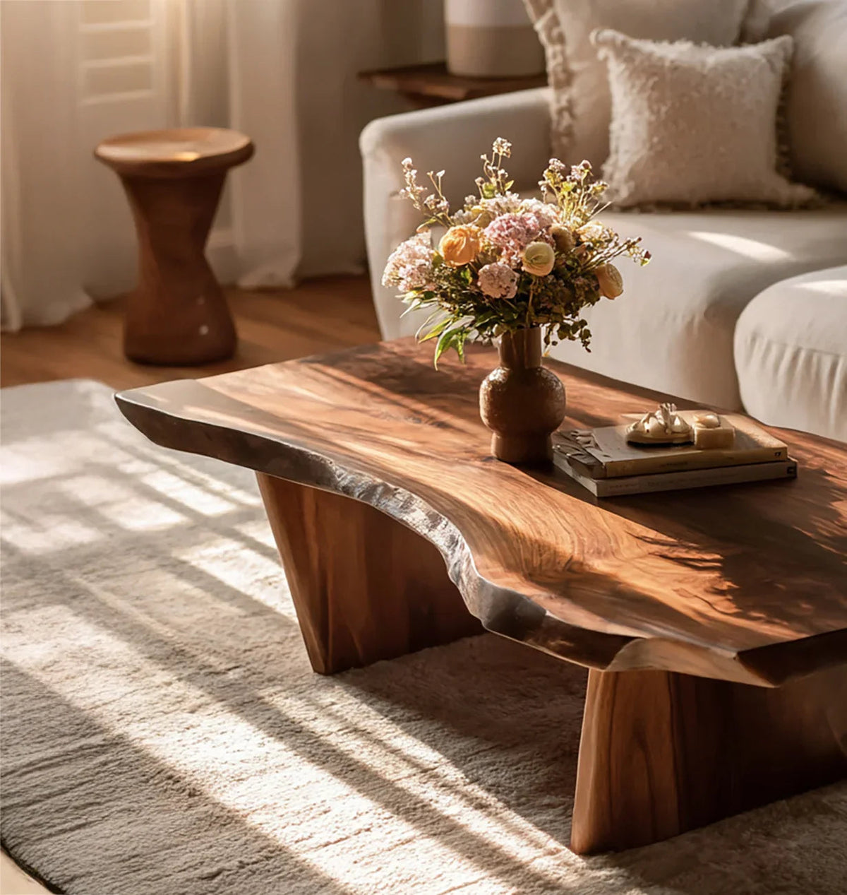 Rustikaler handgemachter Couchtisch aus Massivholz im Wohnzimmer mit Detail der natürlichen Maserung