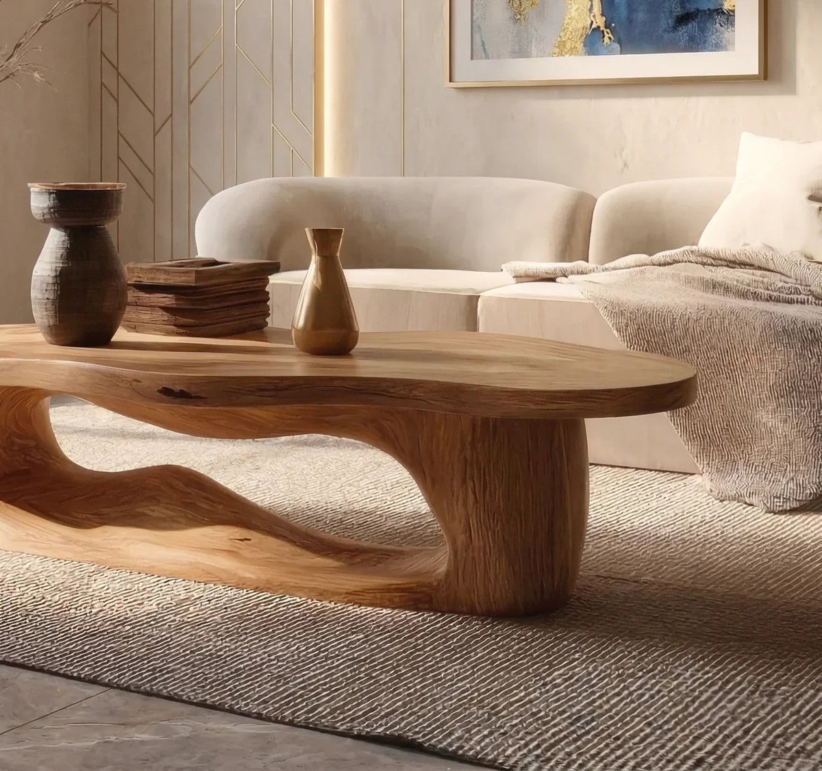 Mid-Century-Modern-Couchtisch im Wohnzimmer mit minimalistischem Dekor und Sofa