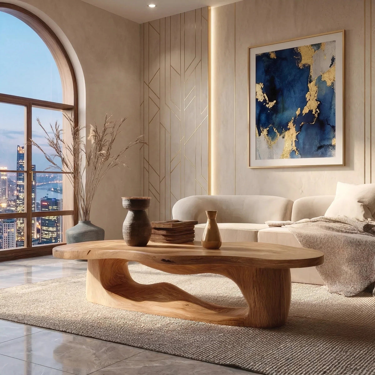 Mid-Century-Modern-Couchtisch im Wohnzimmer mit minimalistischem Dekor und Sofa