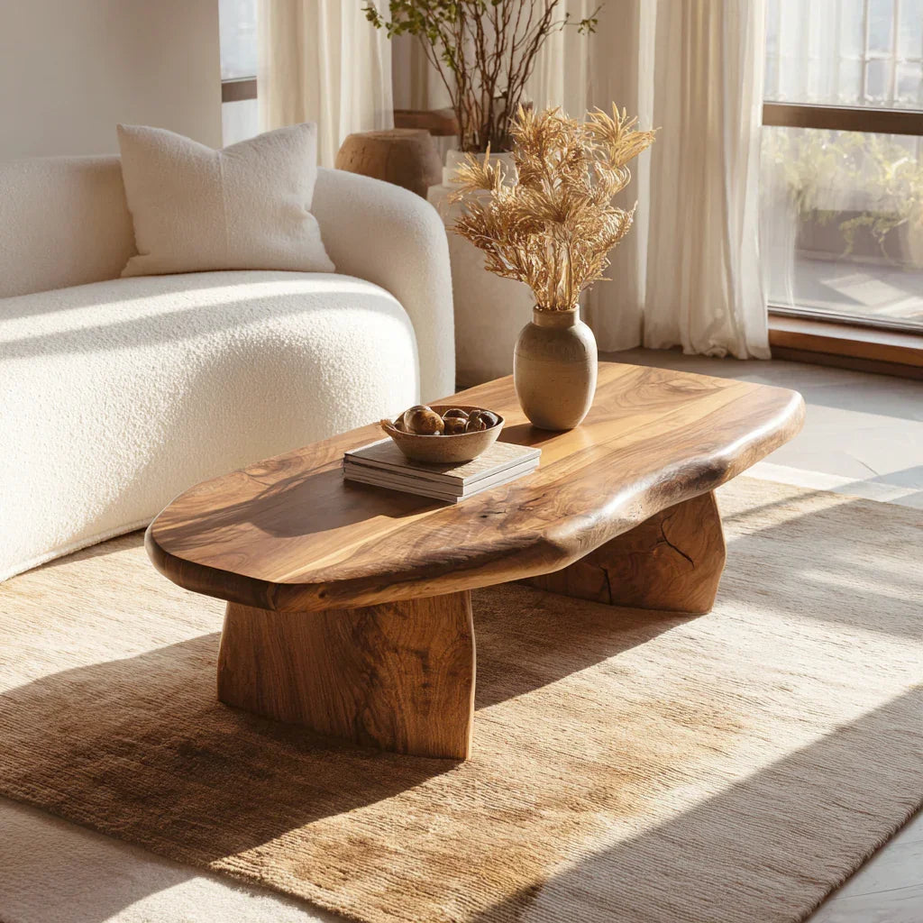 Couchtisch aus Naturholz im Vintage-Stil in einem entspannten Wohnzimmer mit warmem Dekor