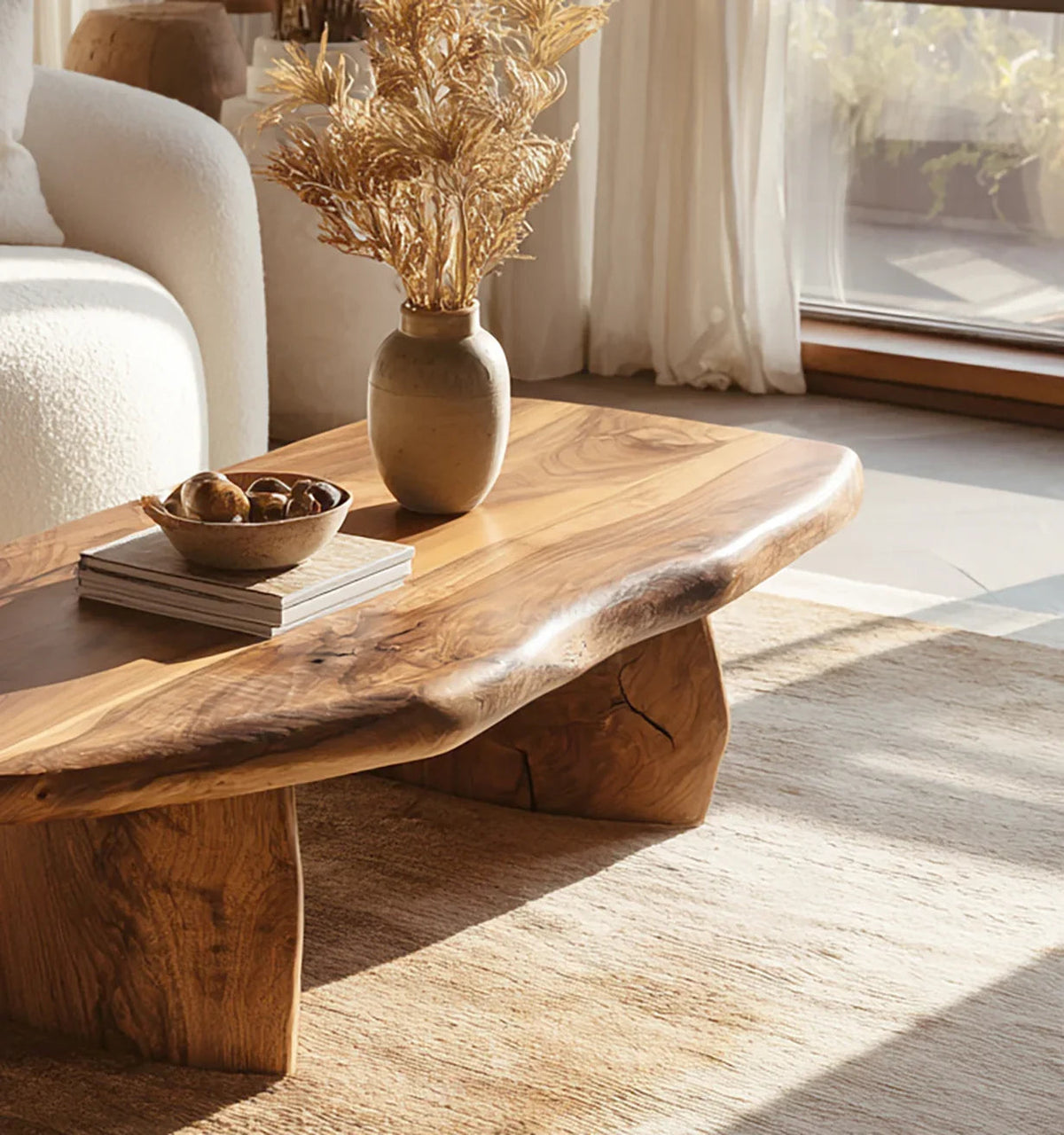 Couchtisch aus Naturholz im Vintage-Stil in einem entspannten Wohnzimmer mit warmem Dekor