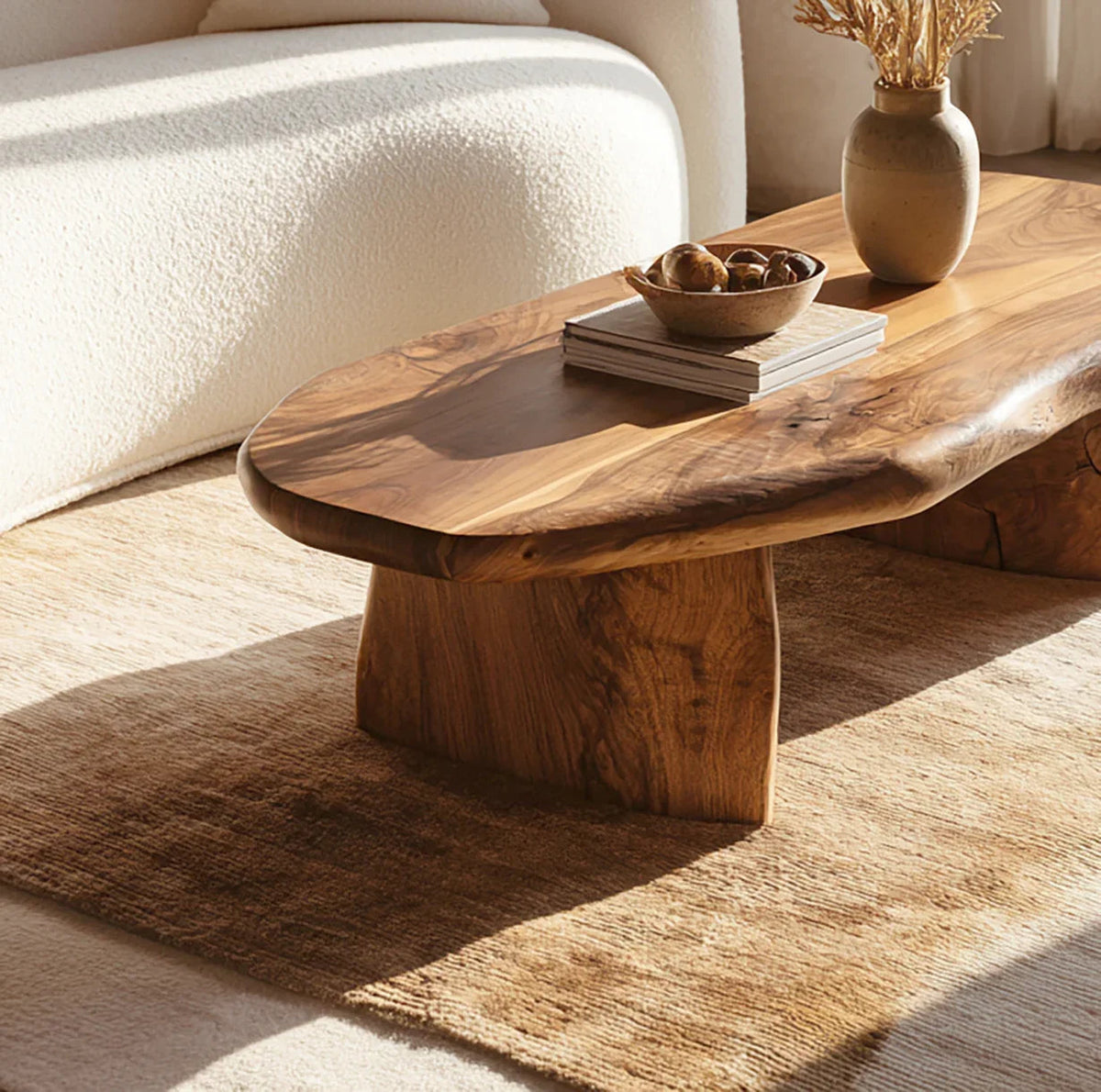 Couchtisch aus Naturholz im Vintage-Stil in einem entspannten Wohnzimmer mit warmem Dekor