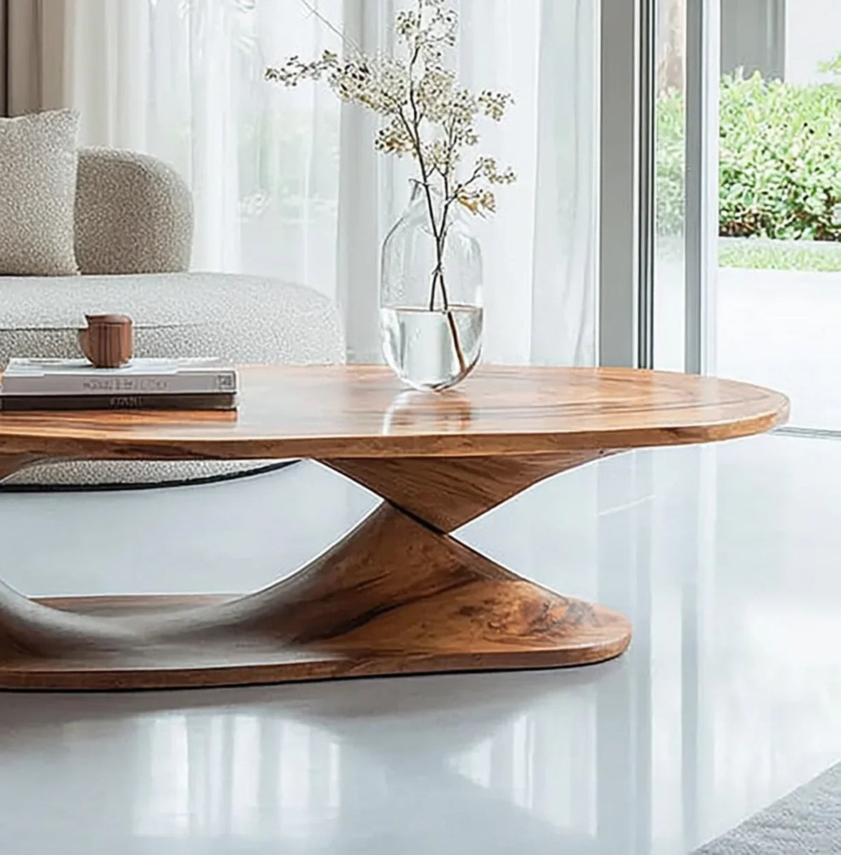Handgemachter Baumkanten-Couchtisch aus Holz mit rustikalem Landhaus-Bockfuß im Wohnzimmer