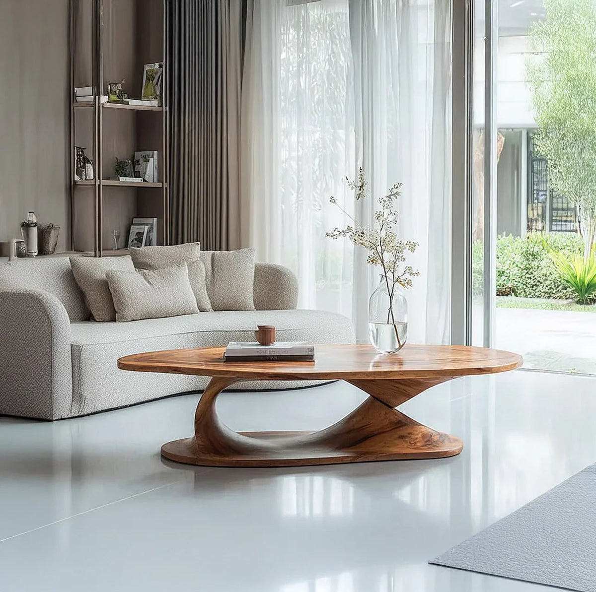 Handgemachter Baumkanten-Couchtisch aus Holz mit rustikalem Landhaus-Bockfuß im Wohnzimmer