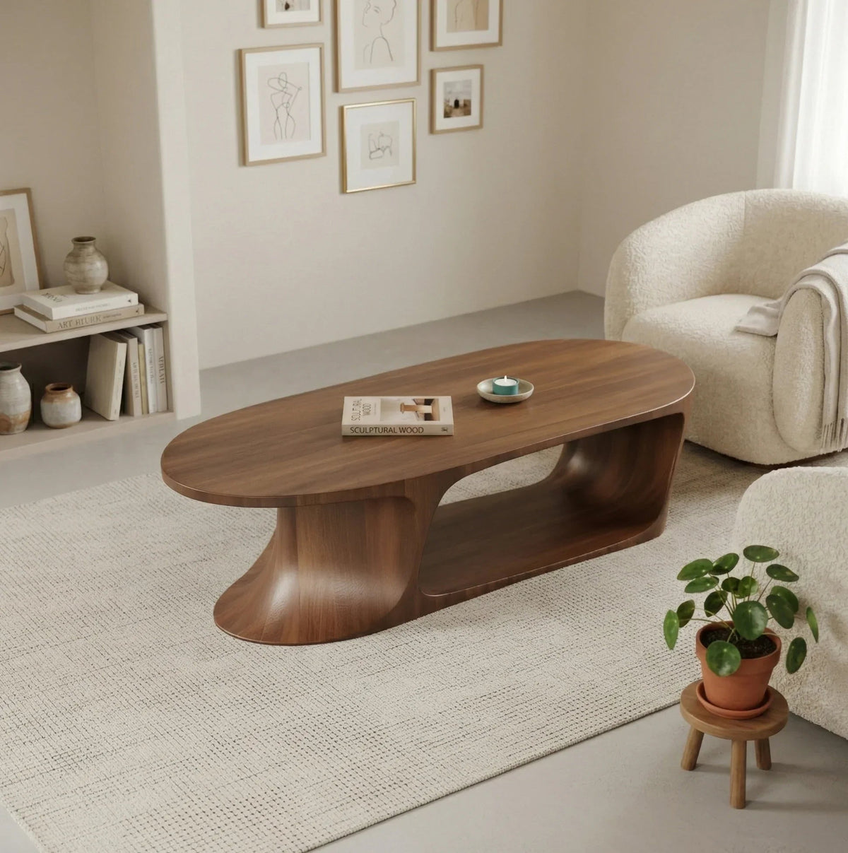 Moderner ovaler Holz-Couchtisch mit geschwungenem Design fürs Wohnzimmer