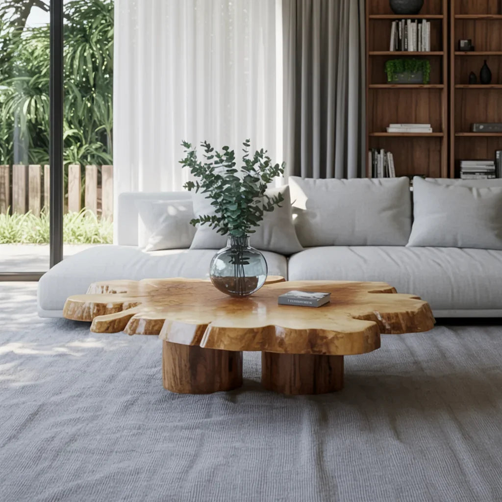 Handgefertigter Wohnzimmer-Couchtisch aus Massivholz mit natürlichem Baumkanten-Design