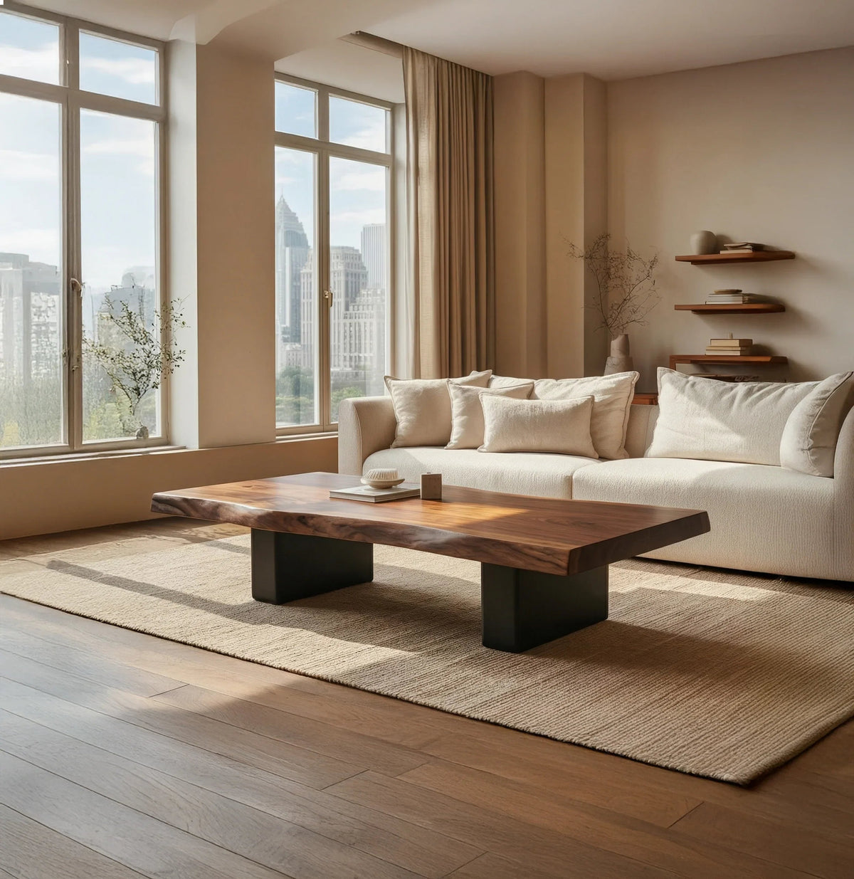 Einzigartiger Holz-Couchtisch mit natürlicher Kante und organischem Wurzelfuß