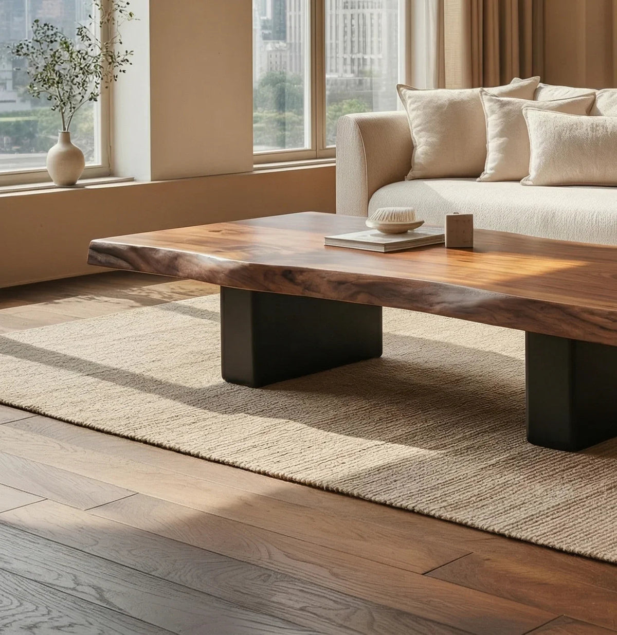 Couchtisch aus Massivholz mit Baumkanten-Platte und skulpturalem Wurzelfuß