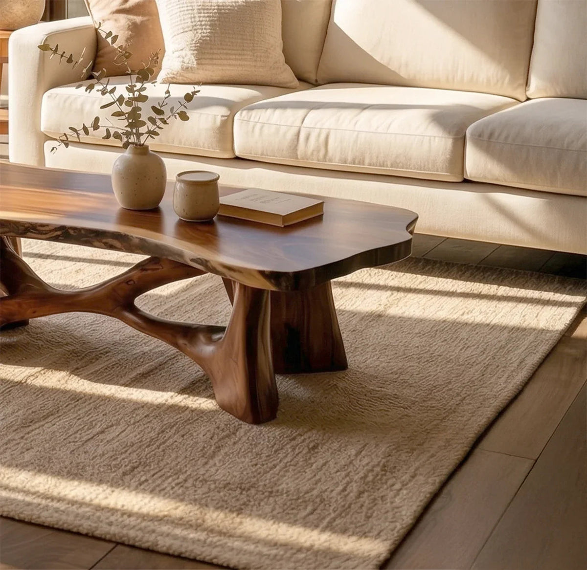 Rustikaler Baumkanten-Couchtisch aus Holzbohle im Wohnzimmer mit natürlicher Maserungsstruktur