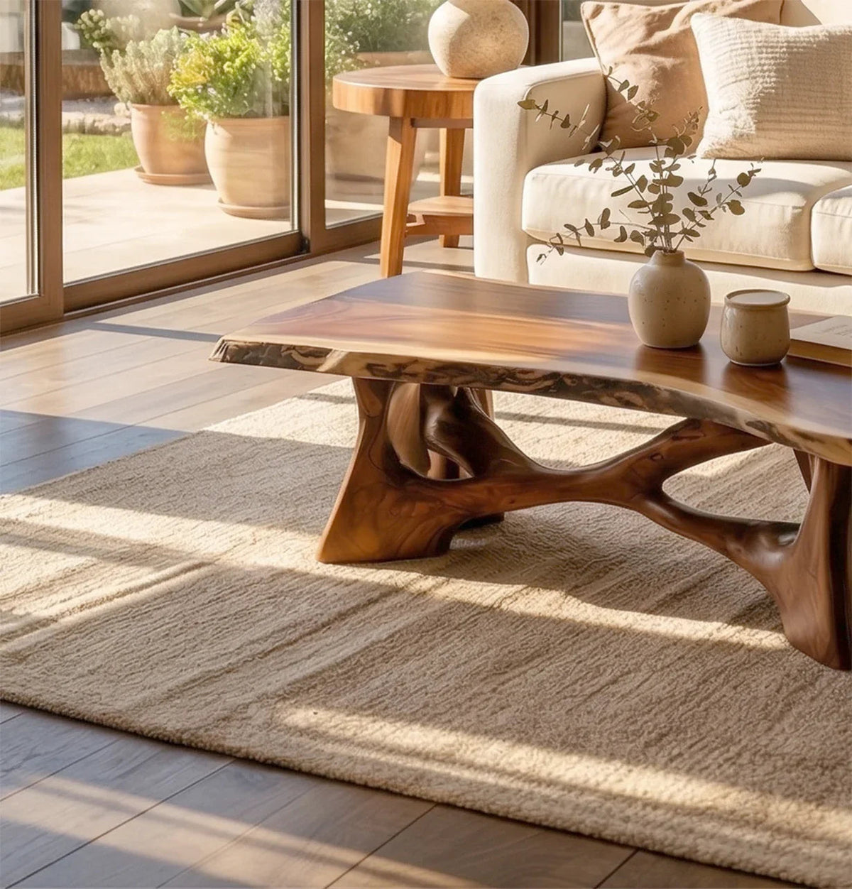 Rustikaler Baumkanten-Couchtisch aus Holzbohle im Wohnzimmer mit natürlicher Maserungsstruktur