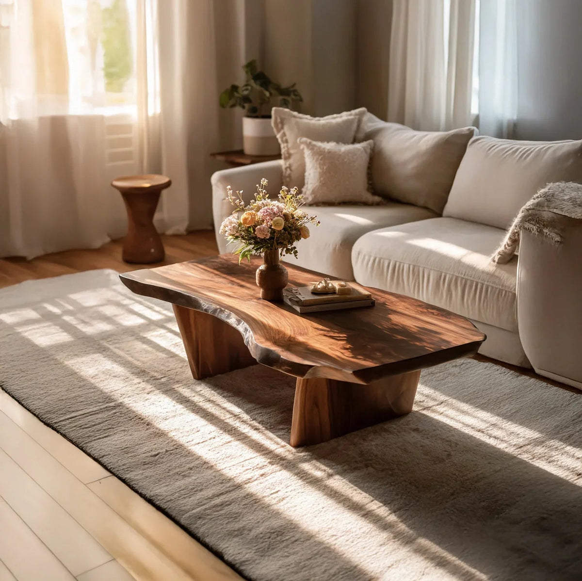 Rustikaler handgemachter Couchtisch aus Massivholz im Wohnzimmer mit Detail der natürlichen Maserung