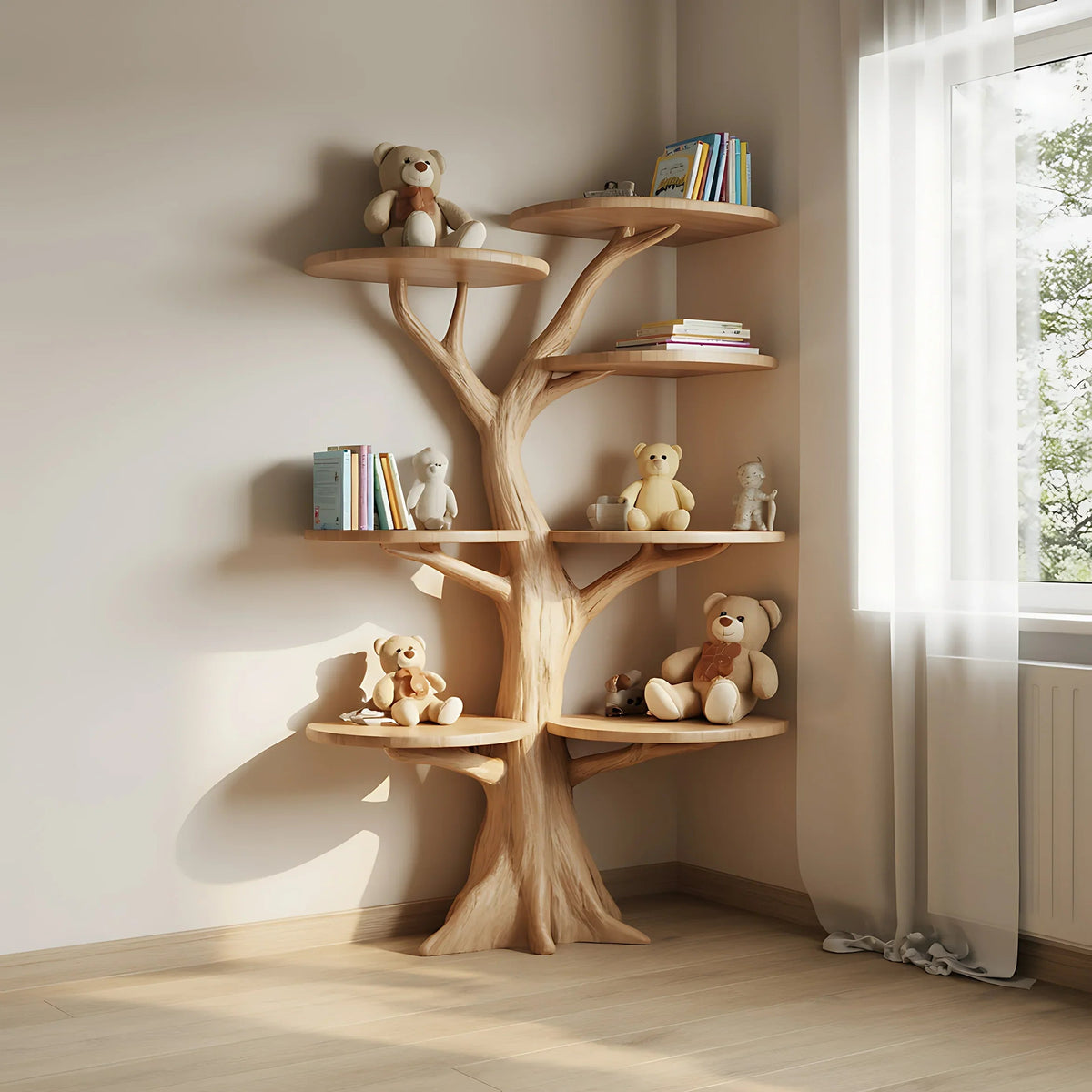 Baum-Bücherregal für Kinder in der Ecke, dekoriert mit niedlichen Teddybären