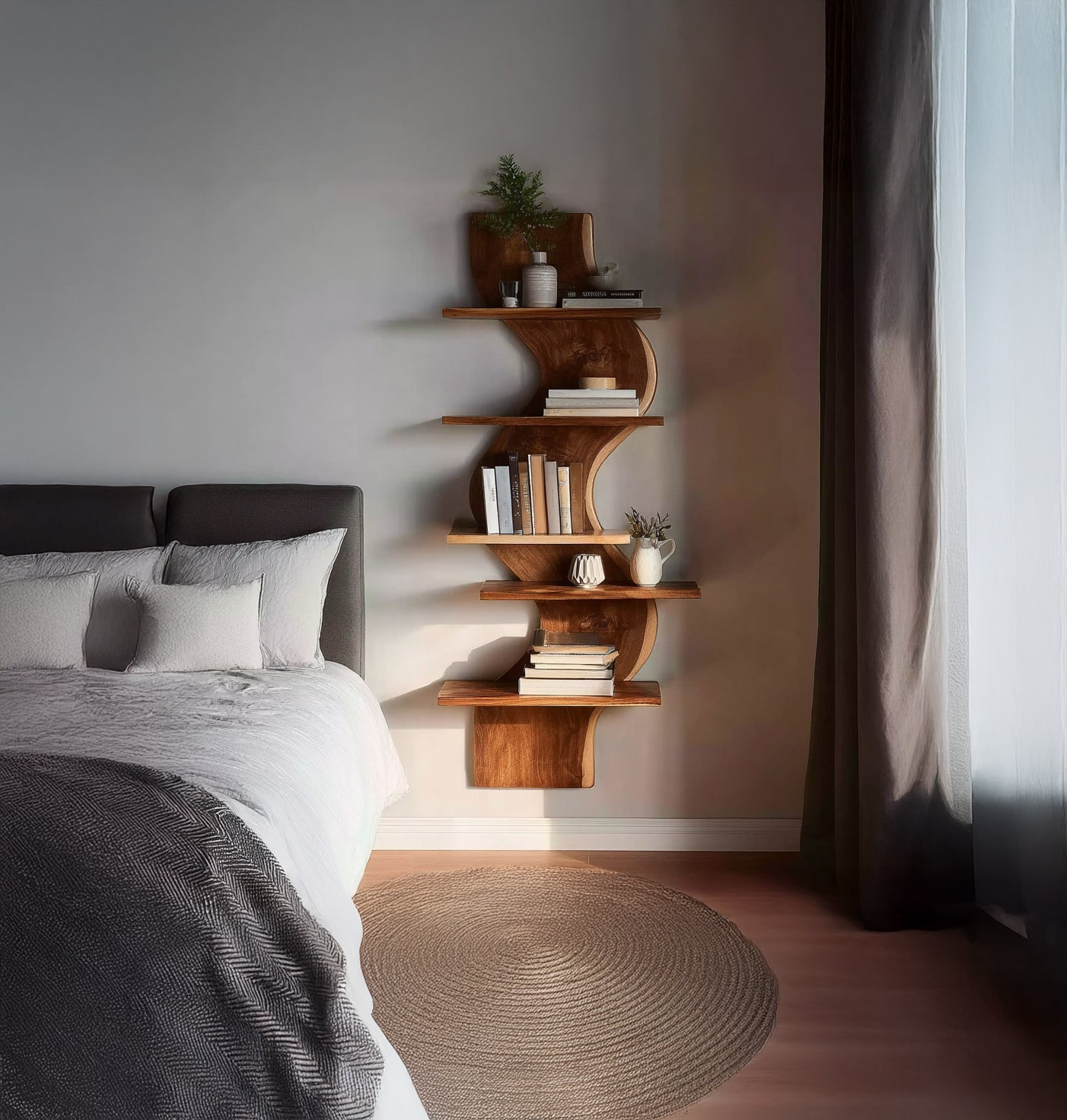 Live Edge Wandregal schwebend – Modernes Holzregal fürs Schlafzimmer