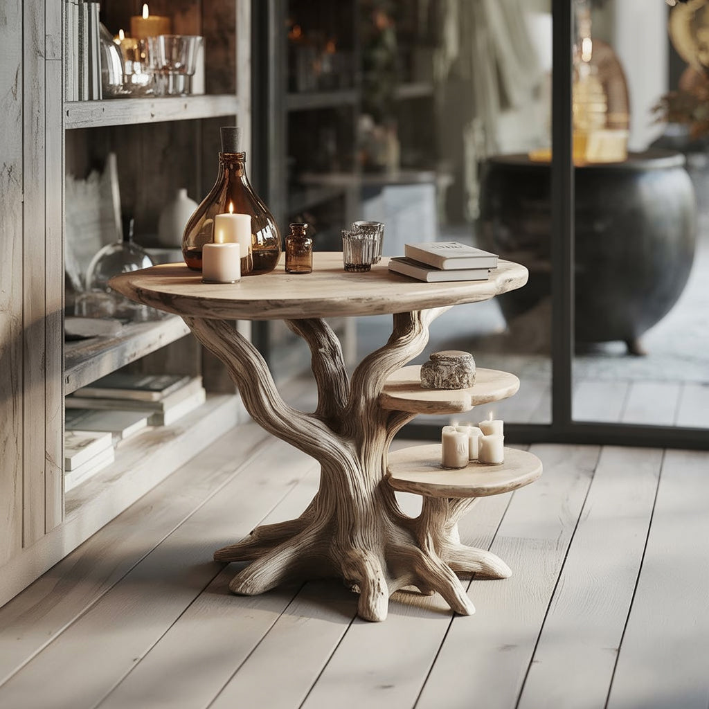 Handgefertigter Beistelltisch aus Massivholz mit Baumfuß, rustikal