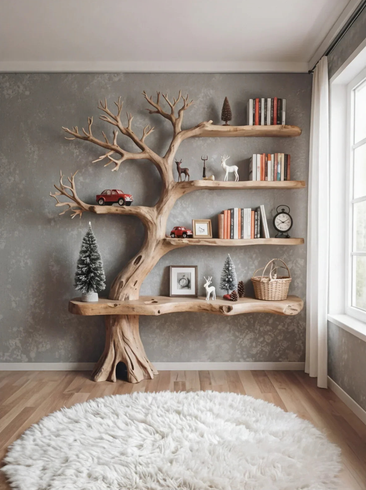 Baumförmiges Massivholz-Bücherregal mit Büchern, Deko und Spielzeug in einem gemütlichen Wohnzimmer