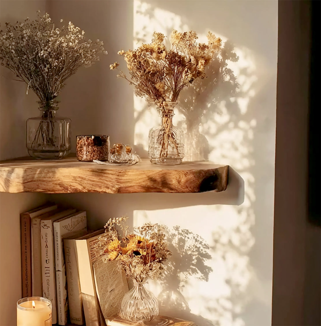 Landhausstil Floating-Eckregal – Wandregal mit Baumkante, rustikale Walnuss-Bücherregale