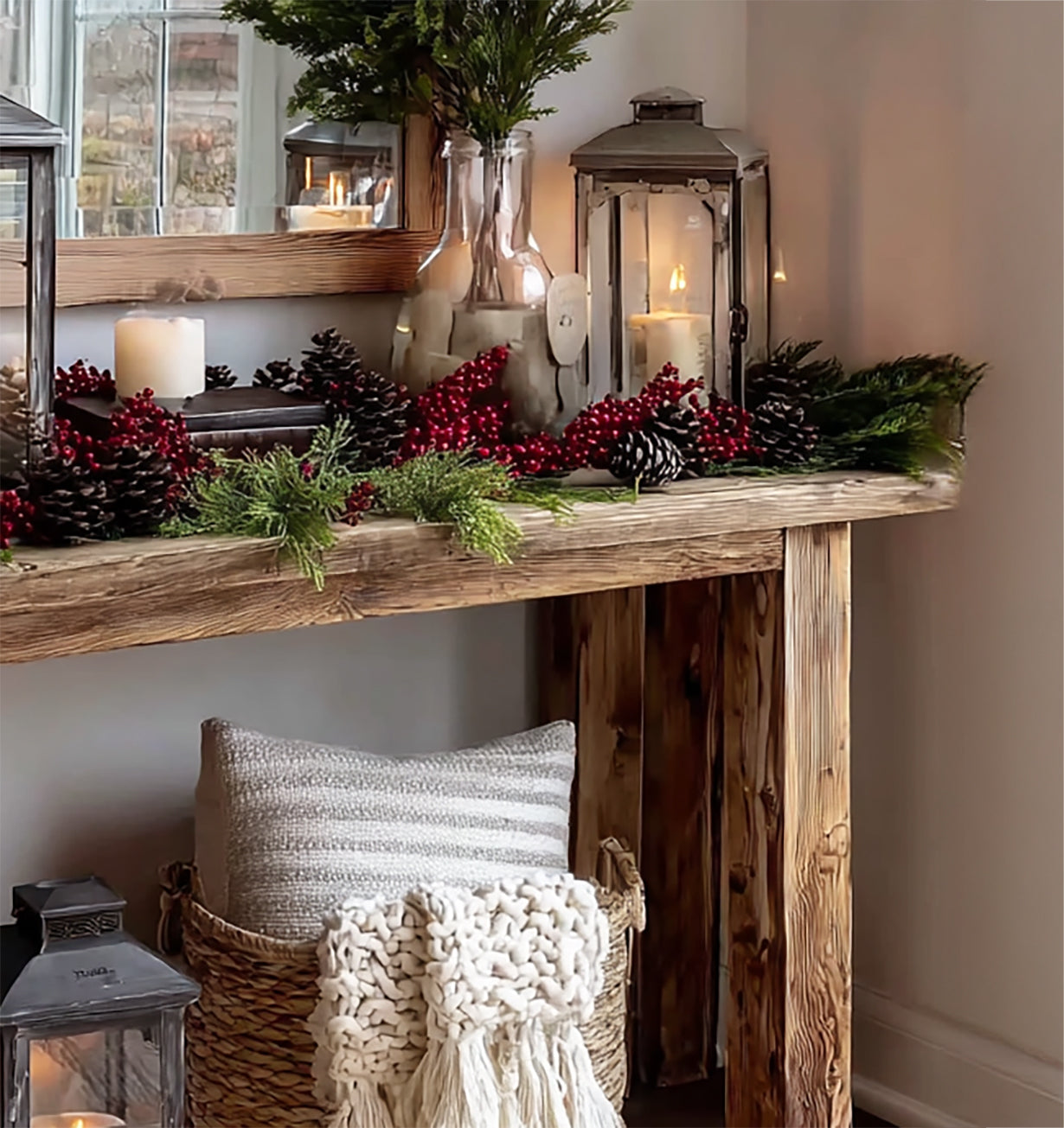 Rustikaler Massivholz-Konsolentisch mit natürlicher Oberfläche für den Eingangsbereich