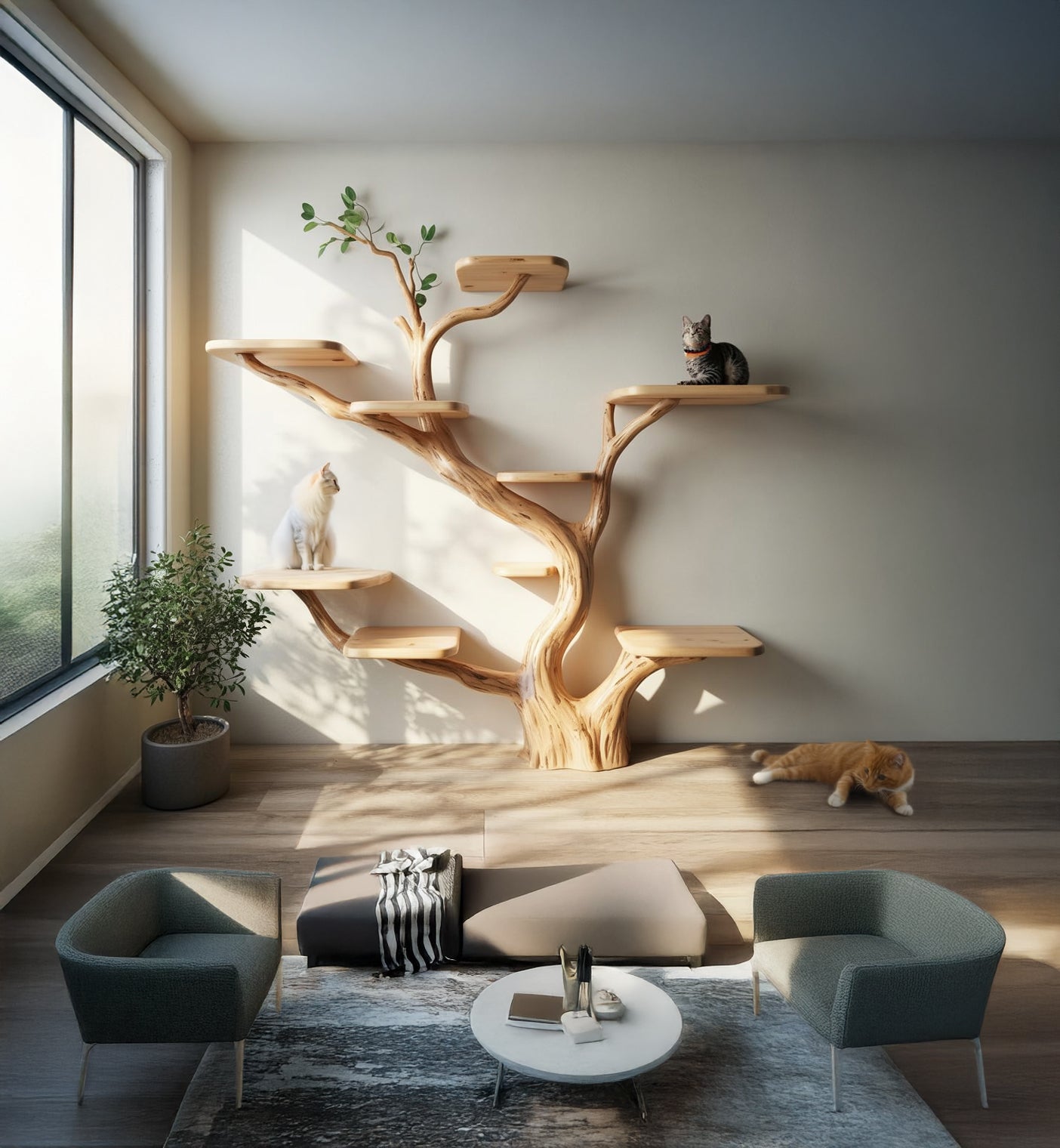 Rustikaler handgefertigter Massivholz-Kratzbaum mit Liege- und Spielbereich für Katzen