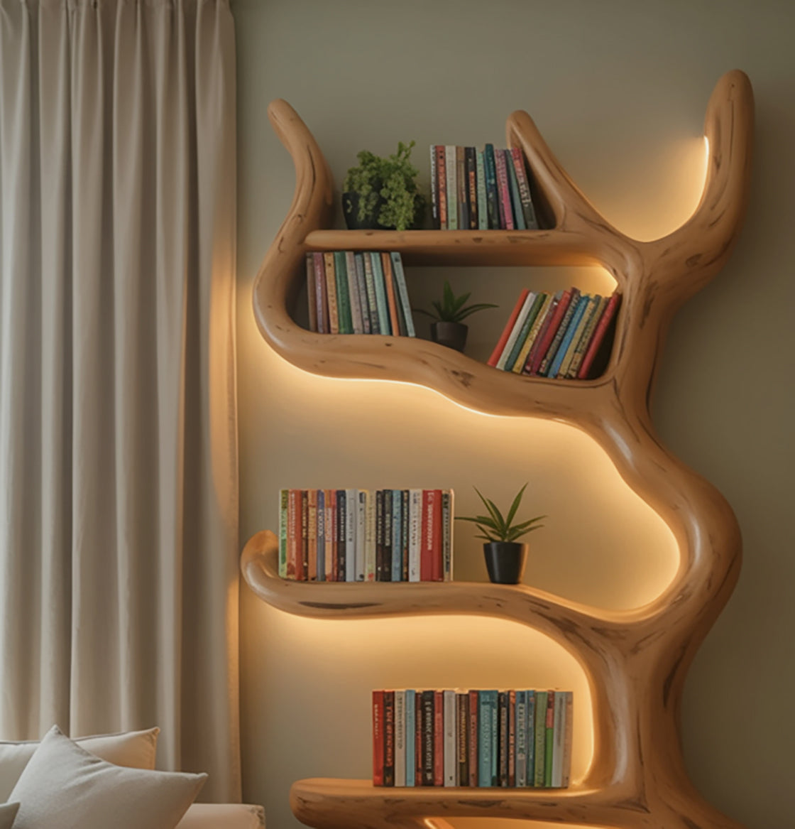 Rustikales Baum-Bücherregal – schwebendes Wandregal aus Massivholz