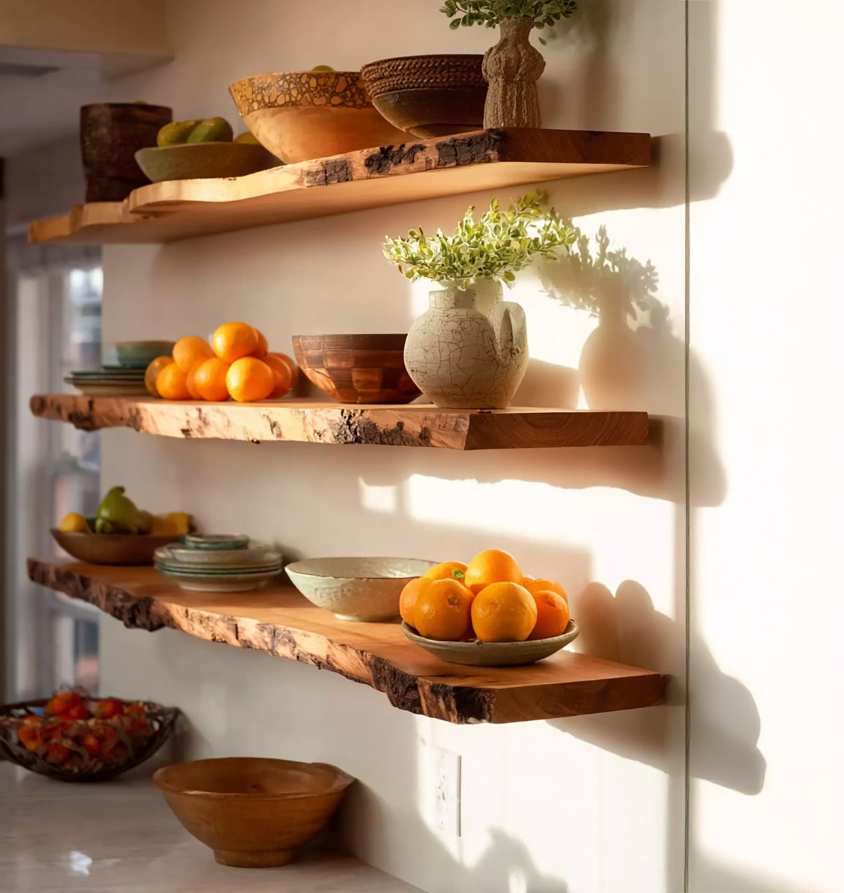 Rustikales Massivholz-Wandregal mit Live Edge – Walnuss Regal für Wohnkultur