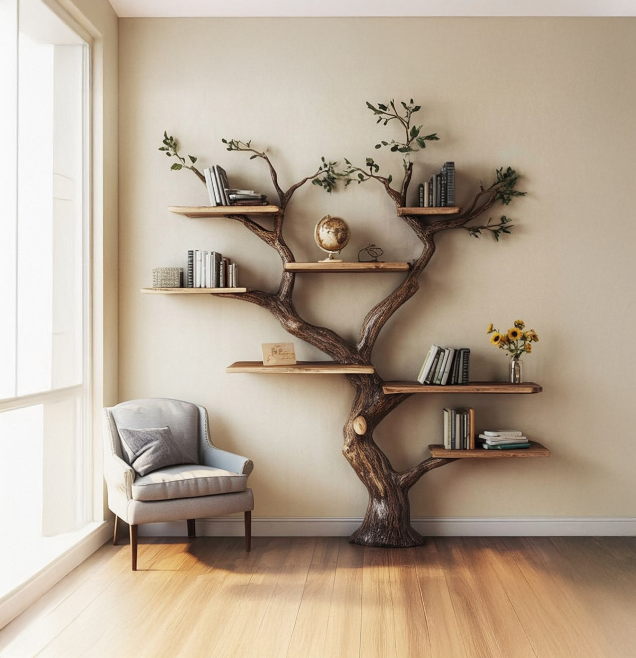 Naturinspiriertes Massivholz-Bücherregal – Baum-Design für Wohnräume