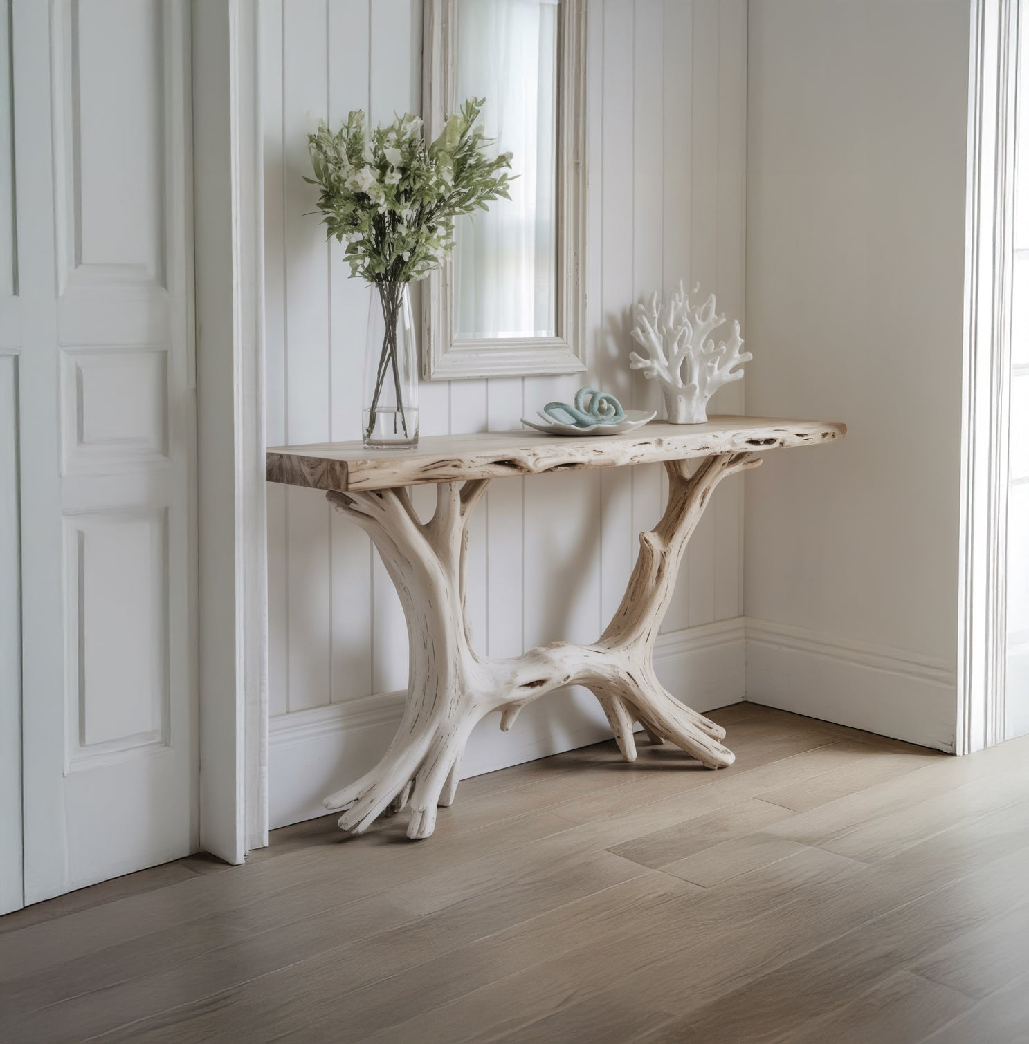 Live Edge Konsolentisch mit Skulpturalem Holzfuß – Handarbeit