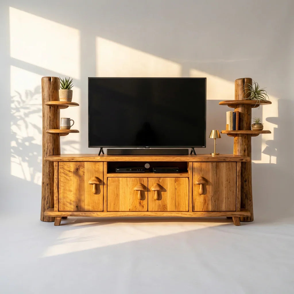 Pilz-Baumstamm-TV-Lowboard mit geschnitzten Pilzgriffen, handgefertigtes Massivholz-Medienmöbel mit Seitenregalen, rustikale Mediakonsole fürs Wohnzimmer – Ashdeco 2026
