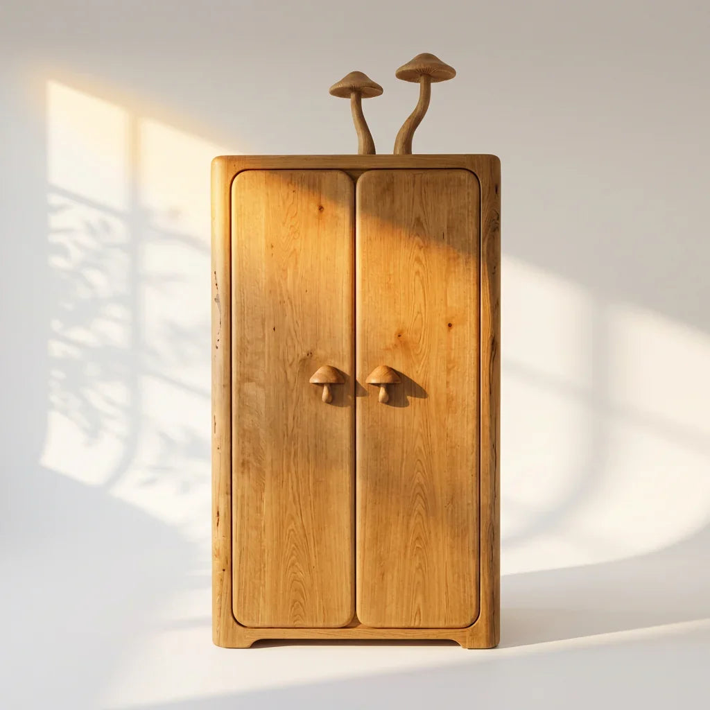Hoher Pilzschrank mit geschnitzter Pilz-Skulptur und Pilzgriffen, handgefertigter Massivholz-Kleiderschrank, minimalistischer Stauraum für Schlaf- und Wohnzimmer – Ashdeco 2026