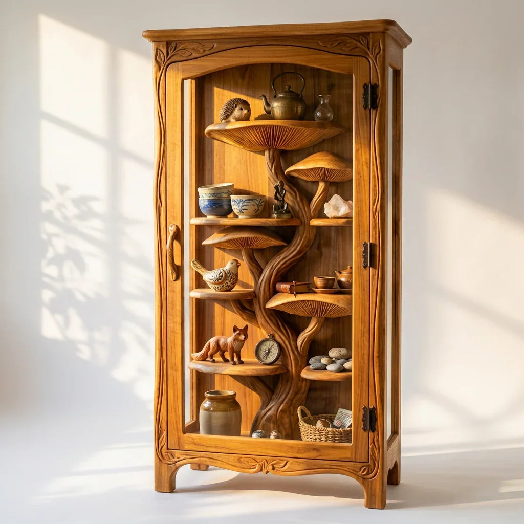Pilzbaum-Vitrine mit handgeschnitzten Baumstamm-Regalen und Rankenrahmen, handgefertigter Massivholz-Glasschrank für Wohn- und Esszimmer – Ashdeco 2026