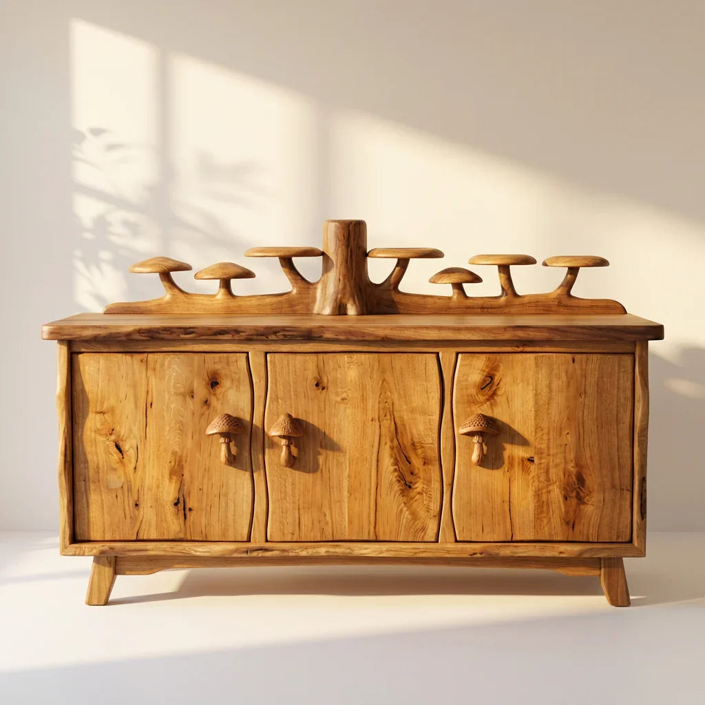 Pilzwald-Sideboard mit geschnitzter Baumstamm-Rückwand und Pilzgriffen, handgefertigtes Massivholz-Buffet, rustikaler Wohnzimmerschrank – Ashdeco 2026