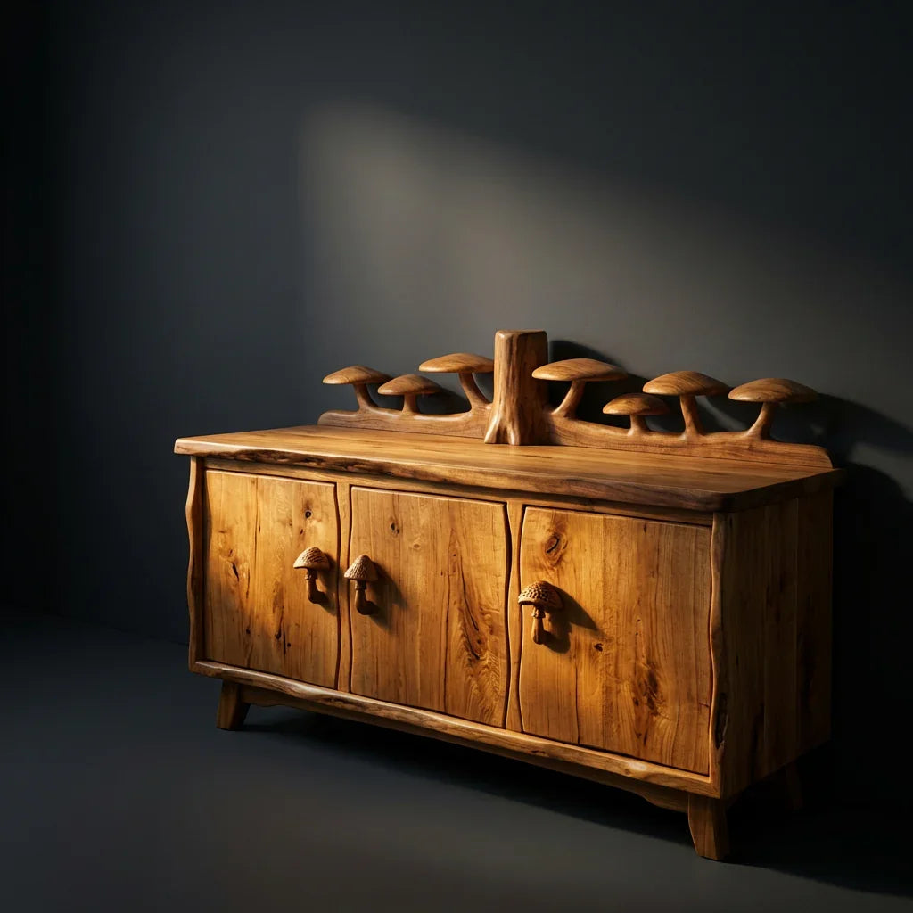 Pilzwald-Sideboard mit geschnitzter Baumstamm-Rückwand und Pilzgriffen, handgefertigtes Massivholz-Buffet, rustikaler Wohnzimmerschrank – Ashdeco 2026