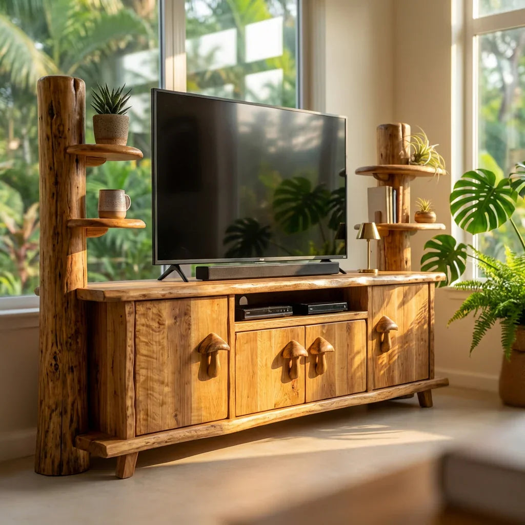 Pilz-Baumstamm-TV-Lowboard mit geschnitzten Pilzgriffen, handgefertigtes Massivholz-Medienmöbel mit Seitenregalen, rustikale Mediakonsole fürs Wohnzimmer – Ashdeco 2026