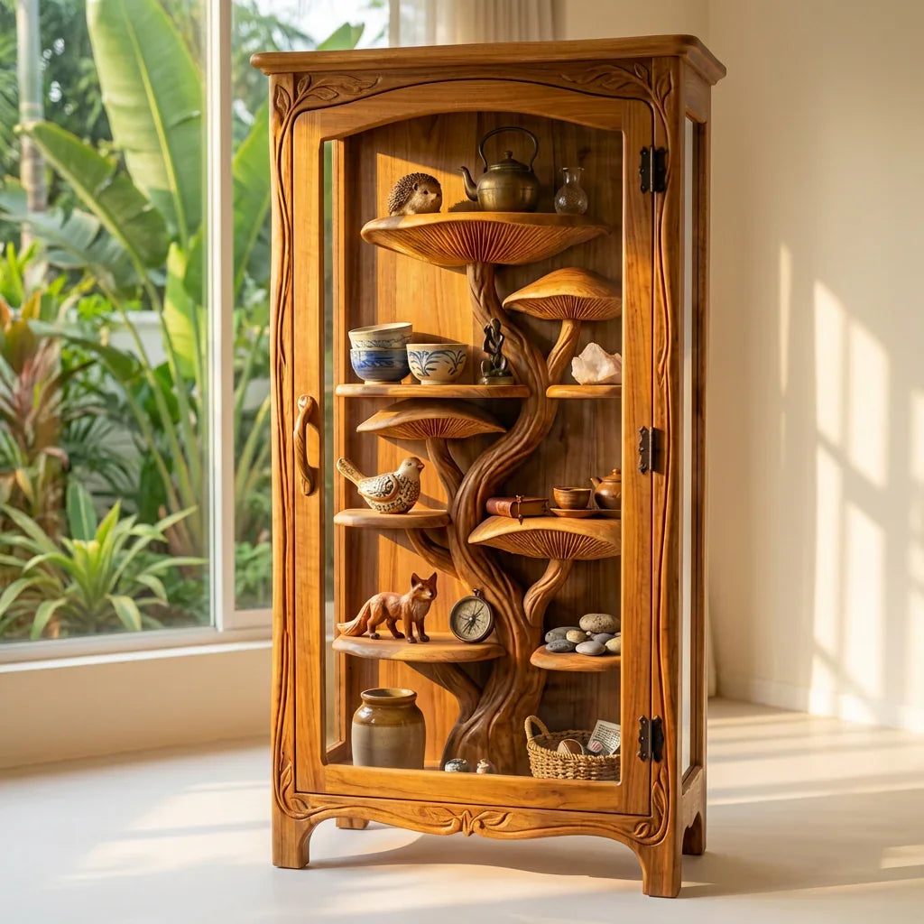 Pilzbaum-Vitrine mit handgeschnitzten Baumstamm-Regalen und Rankenrahmen, handgefertigter Massivholz-Glasschrank für Wohn- und Esszimmer – Ashdeco 2026