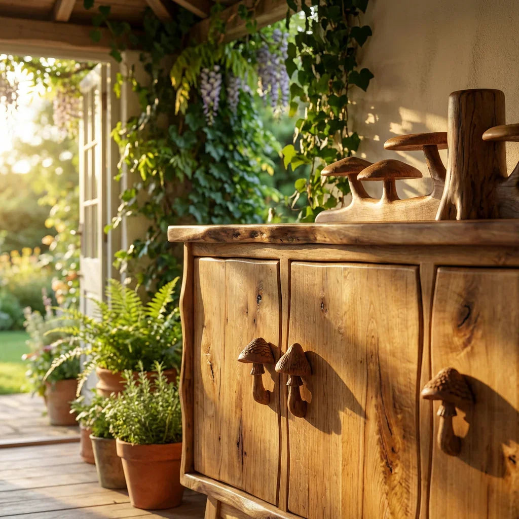 Pilzwald-Sideboard mit geschnitzter Baumstamm-Rückwand und Pilzgriffen, handgefertigtes Massivholz-Buffet, rustikaler Wohnzimmerschrank – Ashdeco 2026