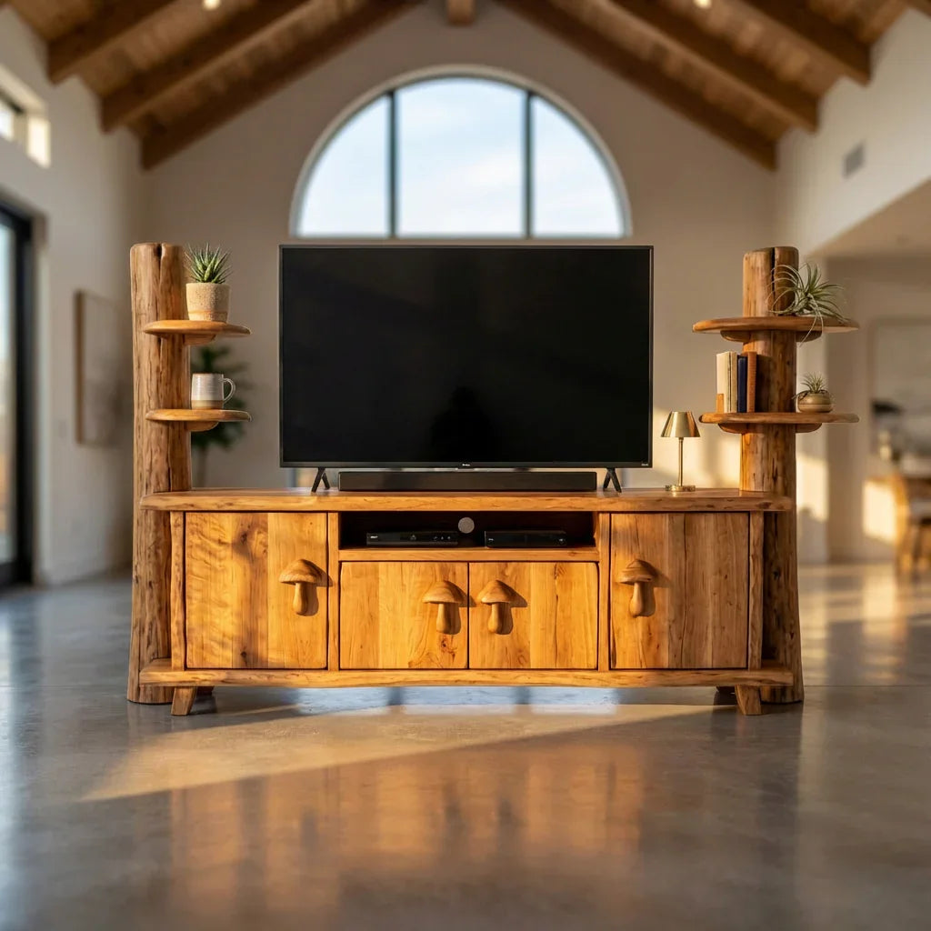 Pilz-Baumstamm-TV-Lowboard mit geschnitzten Pilzgriffen, handgefertigtes Massivholz-Medienmöbel mit Seitenregalen, rustikale Mediakonsole fürs Wohnzimmer – Ashdeco 2026
