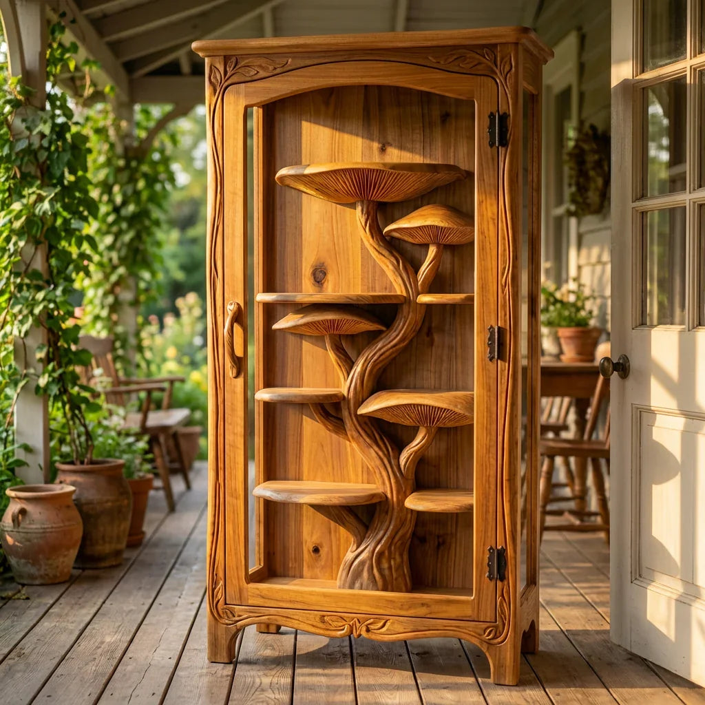 Pilzbaum-Vitrine mit handgeschnitzten Baumstamm-Regalen und Rankenrahmen, handgefertigter Massivholz-Glasschrank für Wohn- und Esszimmer – Ashdeco 2026