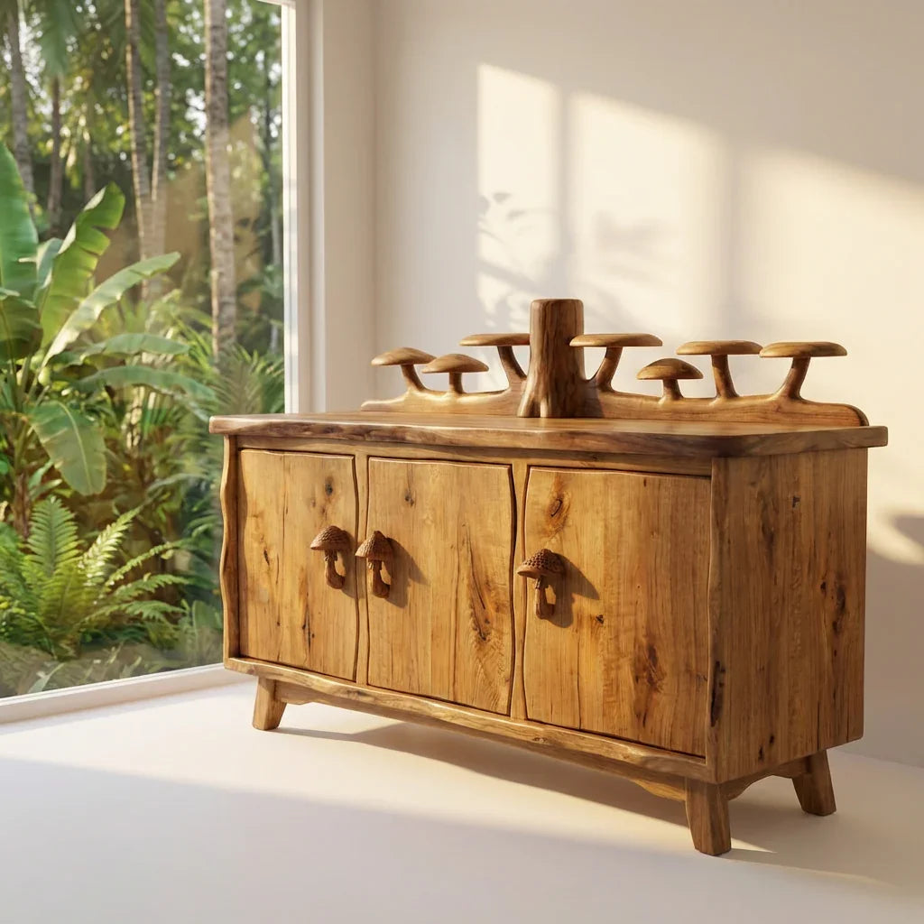 Pilzwald-Sideboard mit geschnitzter Baumstamm-Rückwand und Pilzgriffen, handgefertigtes Massivholz-Buffet, rustikaler Wohnzimmerschrank – Ashdeco 2026