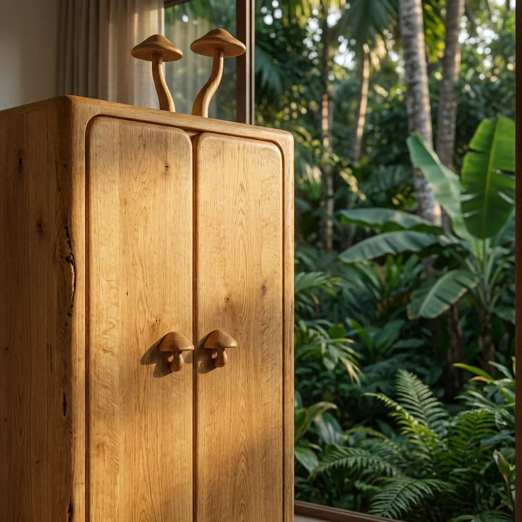Hoher Pilzschrank mit geschnitzter Pilz-Skulptur und Pilzgriffen, handgefertigter Massivholz-Kleiderschrank, minimalistischer Stauraum für Schlaf- und Wohnzimmer – Ashdeco 2026