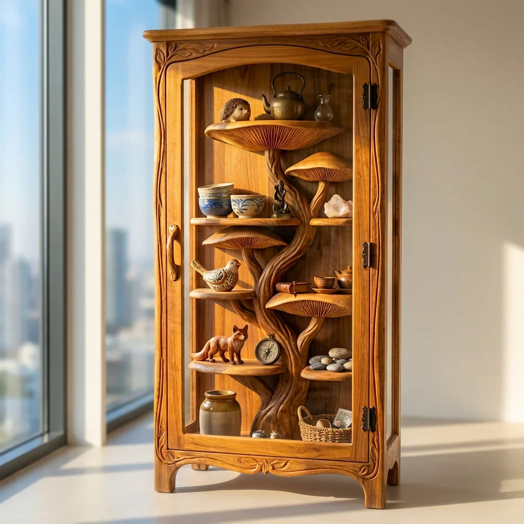 Pilzbaum-Vitrine mit handgeschnitzten Baumstamm-Regalen und Rankenrahmen, handgefertigter Massivholz-Glasschrank für Wohn- und Esszimmer – Ashdeco 2026