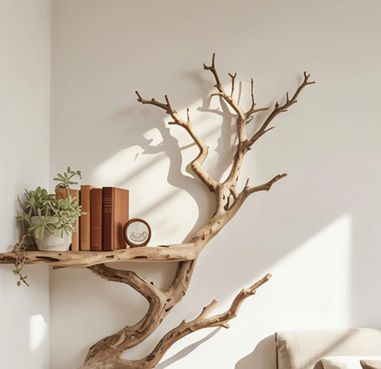 Treibholz Bücherregal als Wandkunst – Maßgefertigtes Eck-Schweberegal